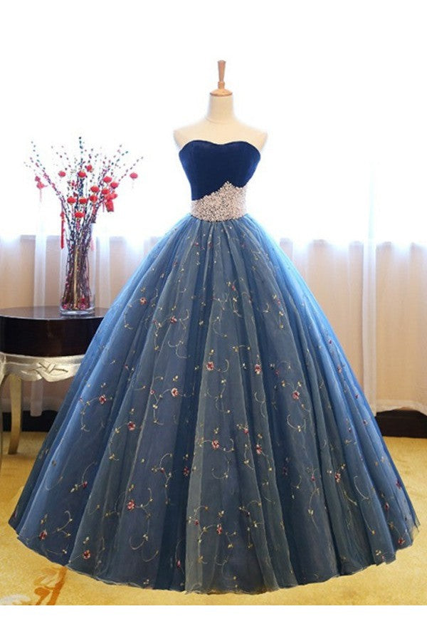 Ball Gown Sleeveless Long Sweetheart Beading Net Prom Dress-ballbellauk