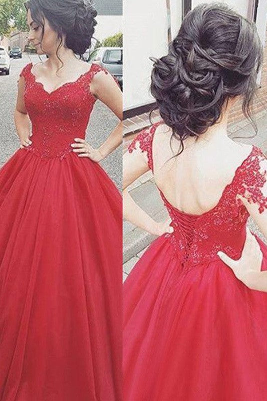 Ball Gown Sleeveless Long V-neck With Appliques Prom Dress with Satin-ballbellauk