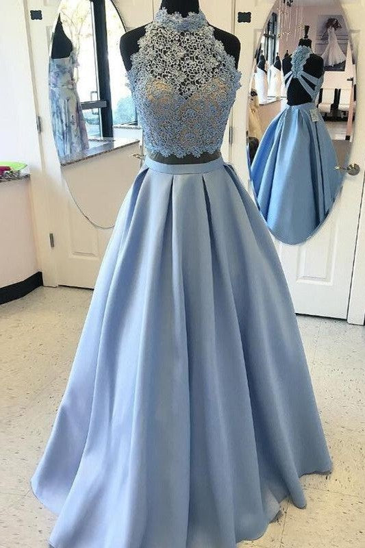 Ball Gown Sleeveless Long With Appliques Satin Two Piece Prom Dress-ballbellauk