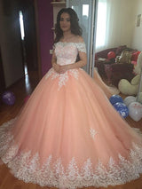 Ball Gown Sleeveless Off-the-Shoulder Court Train Tulle Lace Prom Dress-ballbellauk