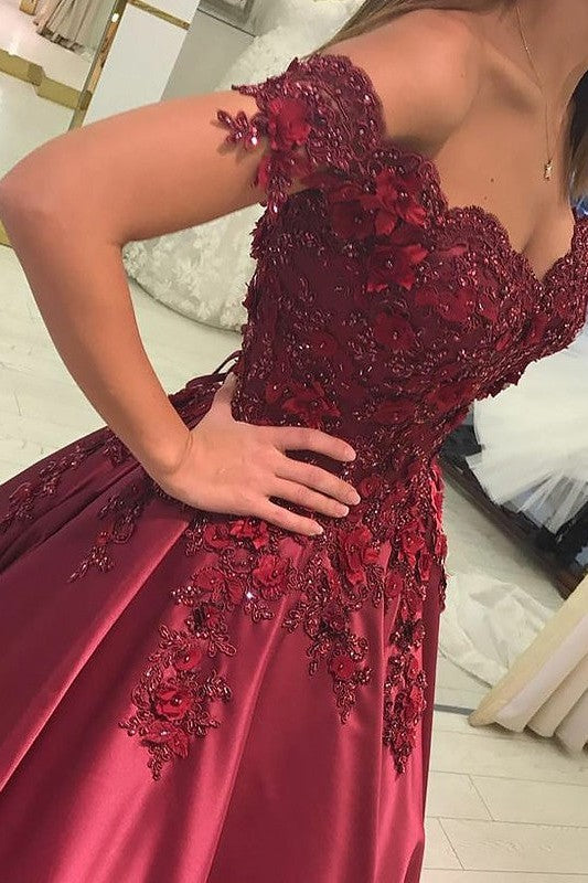 Ball Gown Sleeveless Off-the-Shoulder With Appliques Satin Long Prom Dress-ballbellauk