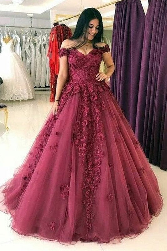 Ball Gown Sleeveless Off-the-Shoulder With Appliques Tulle Prom Dress-ballbellauk