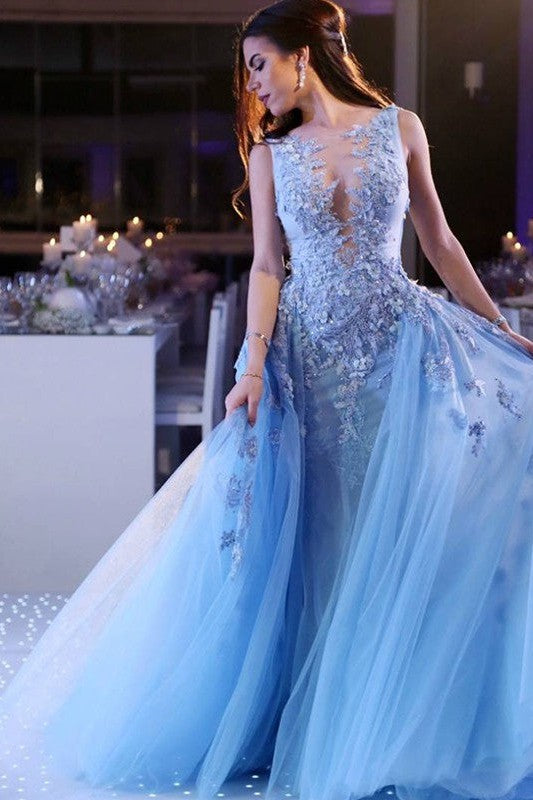 Ball Gown Sleeveless Scoop With Appliques Tulle Prom Dress-ballbellauk