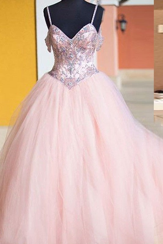 Ball Gown Sleeveless Spaghetti-Straps Tulle Crystal Long Prom Dress-ballbellauk