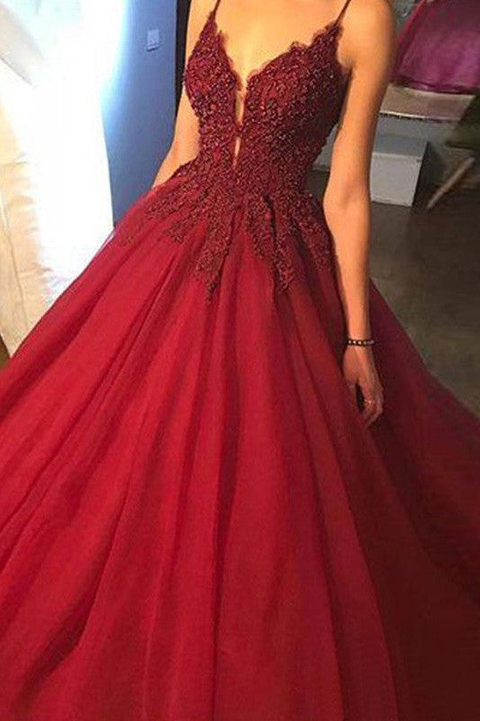 Ball Gown Sleeveless Spaghetti-Straps With Appliques Tulle Prom Dress-ballbellauk