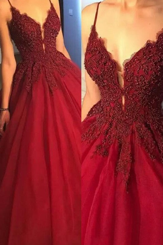 Ball Gown Sleeveless Spaghetti-Straps With Appliques Tulle Prom Dress-ballbellauk