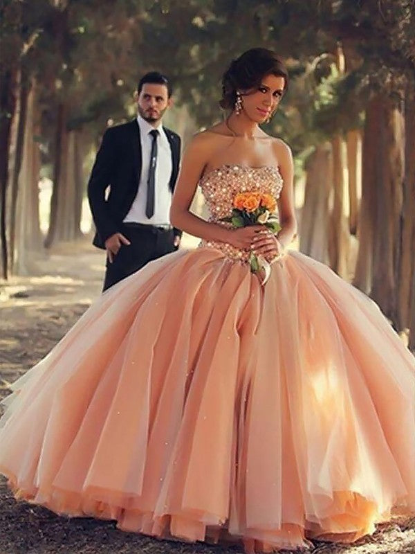 Ball Gown Sleeveless Strapless Beading Long Tulle Prom Dress-ballbellauk