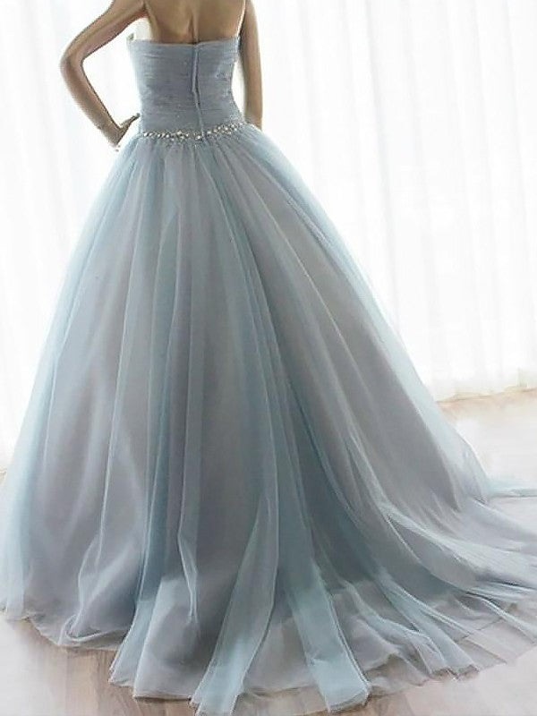 Ball Gown Sleeveless Sweetheart Beading Long Tulle Prom Dress-ballbellauk