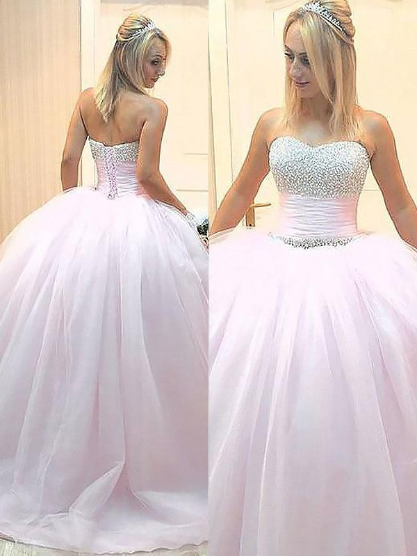 Ball Gown Sleeveless Sweetheart Beading Tulle Prom Dress-ballbellauk