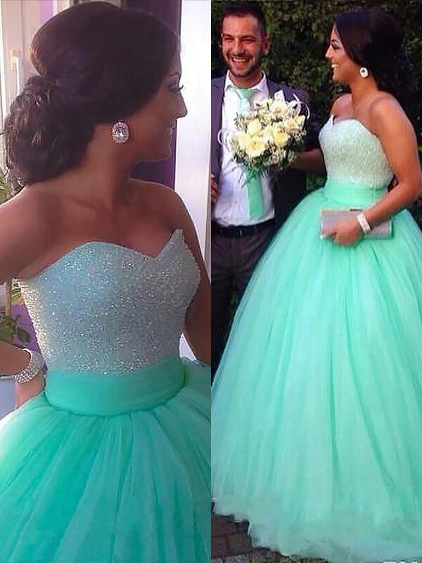 Ball Gown Sleeveless Sweetheart Tulle Beading Plus Size Prom Dress-ballbellauk