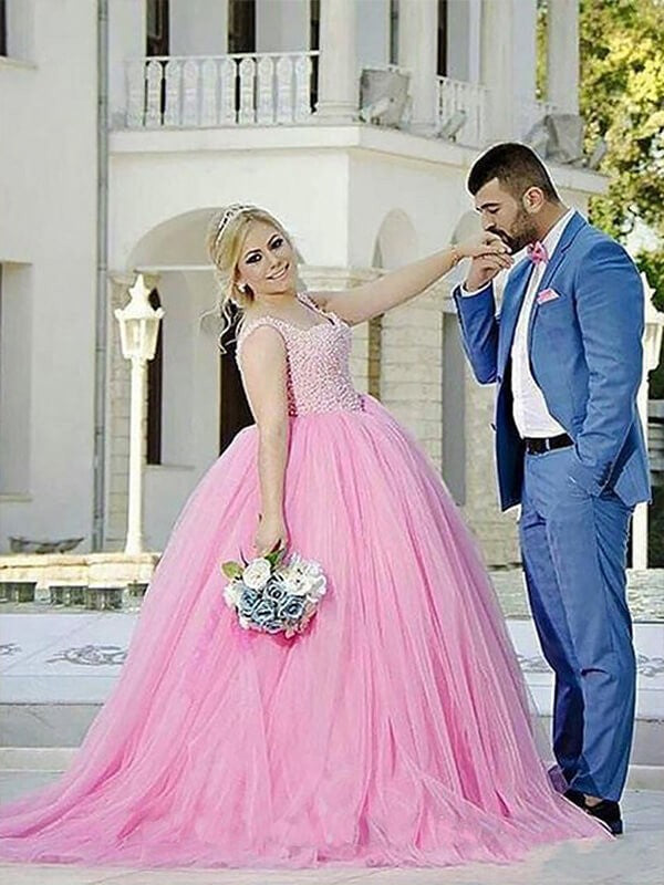 Ball Gown Sleeveless Sweetheart Tulle Pearls Plus Size Prom Dress-ballbellauk