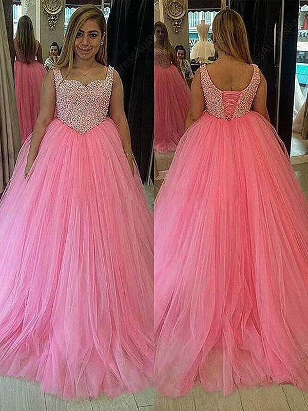 Ball Gown Sleeveless Sweetheart Tulle Pearls Plus Size Prom Dress-ballbellauk