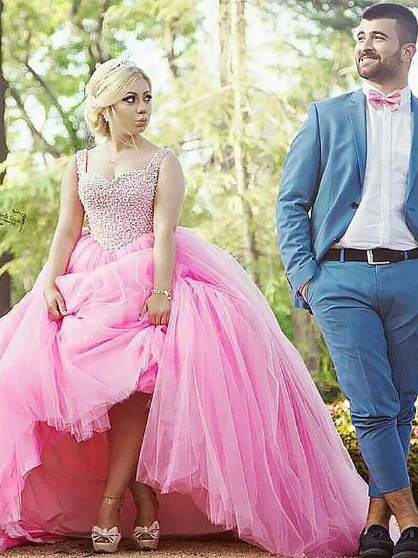 Ball Gown Sleeveless Sweetheart Tulle Pearls Plus Size Prom Dress-ballbellauk