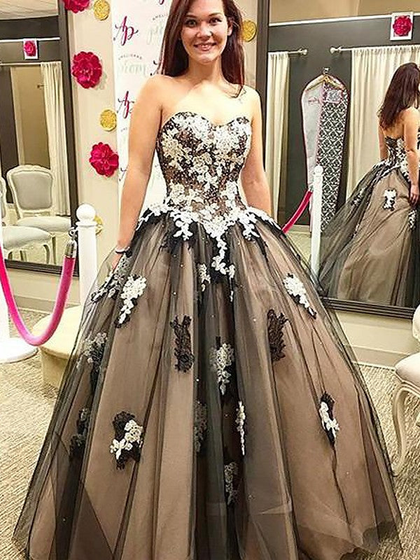 Ball Gown Sleeveless Sweetheart With Appliques Long Tulle Prom Dress-ballbellauk