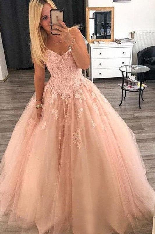 Ball Gown Sleeveless Sweetheart With Appliques Long Tulle Prom Dress-ballbellauk