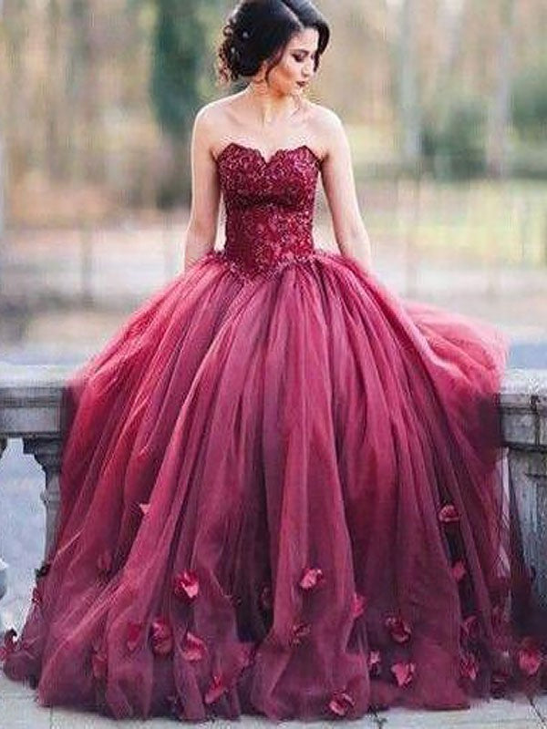 Ball Gown Sleeveless Sweetheart With Appliques Long Tulle Prom Dress-ballbellauk