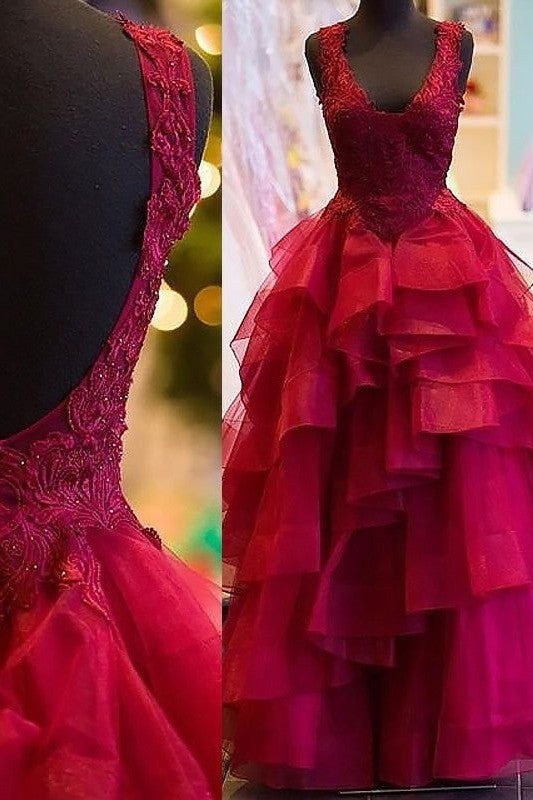 Ball Gown Sleeveless With Appliques V-Neck Long Tulle Prom Dress-ballbellauk