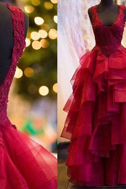 Ball Gown Sleeveless With Appliques V-Neck Long Tulle Prom Dress-ballbellauk