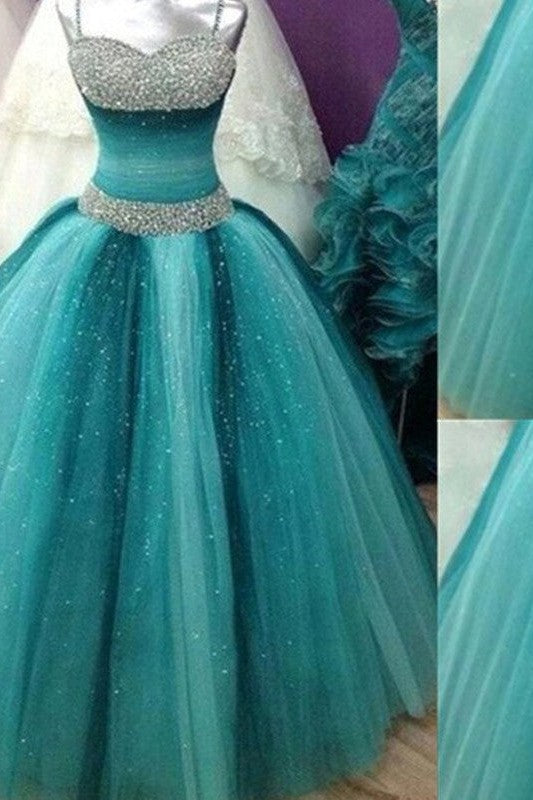 Ball Gown Spaghetti-Straps Beading Sleeveless Tulle Long Prom Dress-ballbellauk