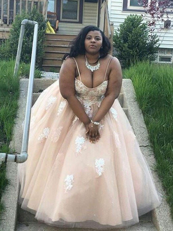 Ball Gown Spaghetti-Straps Sleeveless With Appliques Long Tulle Plus Size Prom Dress-ballbellauk