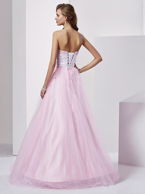 Ball Gown Strapless Beading Sleeveless Long Elastic Woven Satin Quinceanera Prom Dress-ballbellauk