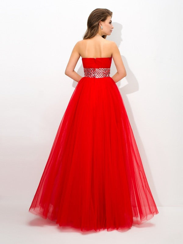 Ball Gown Strapless Beading Sleeveless Long Net Quinceanera Prom Dress-ballbellauk