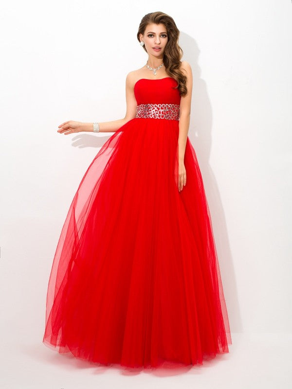 Ball Gown Strapless Beading Sleeveless Long Net Quinceanera Prom Dress-ballbellauk