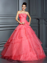 Ball Gown Strapless Hand-Made Flower Sleeveless Long Organza Quinceanera Prom Dress-ballbellauk