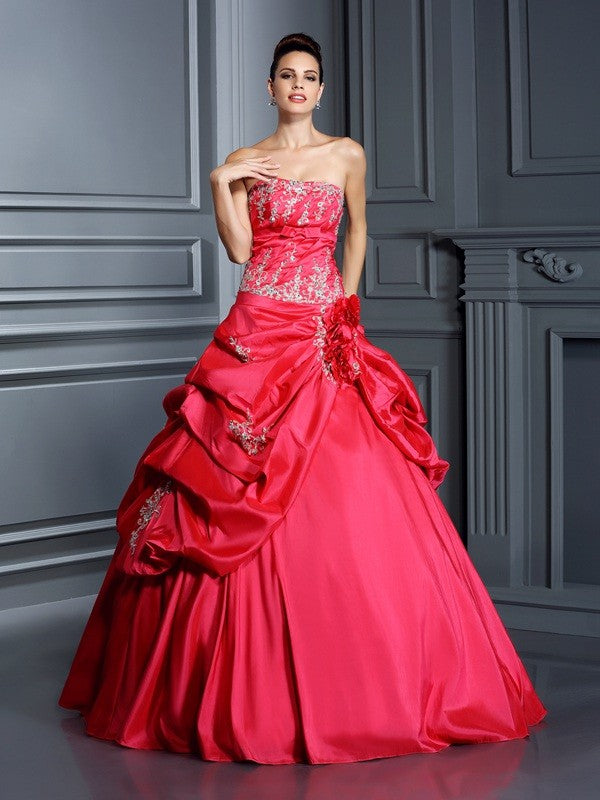 Ball Gown Strapless With Appliques Sleeveless Long Taffeta Quinceanera Prom Dress-ballbellauk