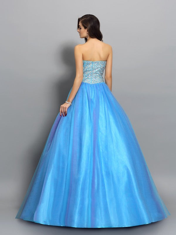 Ball Gown Sweetheart Beading Sleeveless Long Elastic Woven Satin Quinceanera Prom Dress-ballbellauk