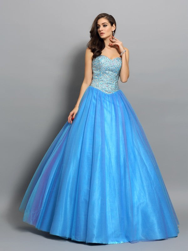 Ball Gown Sweetheart Beading Sleeveless Long Elastic Woven Satin Quinceanera Prom Dress-ballbellauk