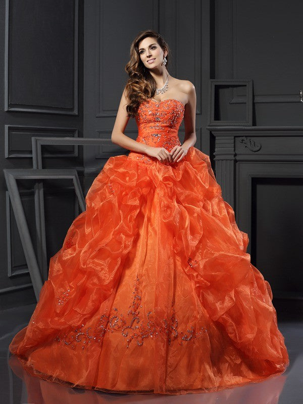 Ball Gown Sweetheart Beading Sleeveless Long Organza Quinceanera Prom Dress-ballbellauk