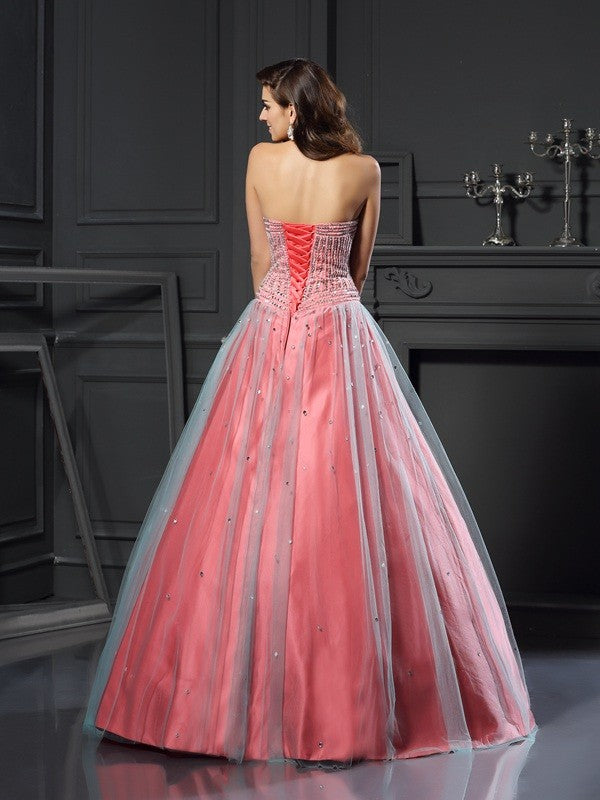 Ball Gown Sweetheart Beading Sleeveless Long Satin Quinceanera Prom Dress-ballbellauk