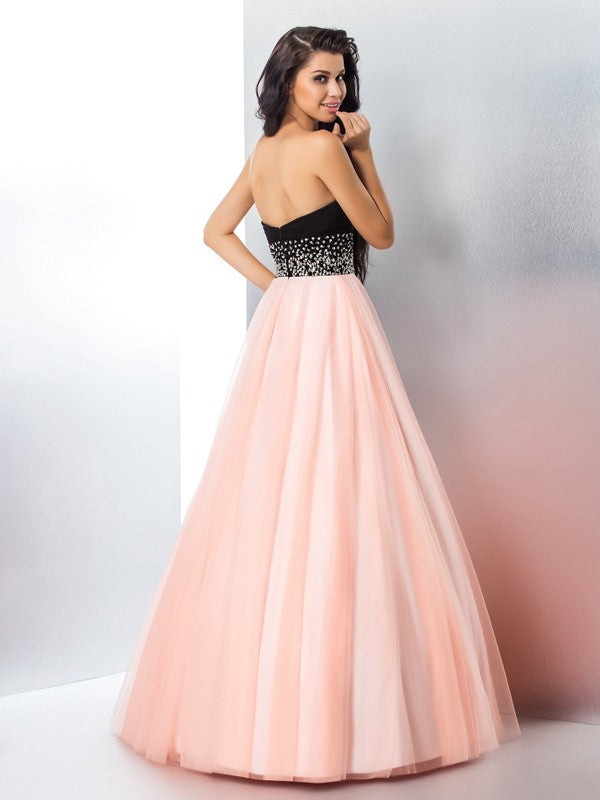 Ball Gown Sweetheart Beading Sleeveless Long Satin Quinceanera Prom Dress-ballbellauk