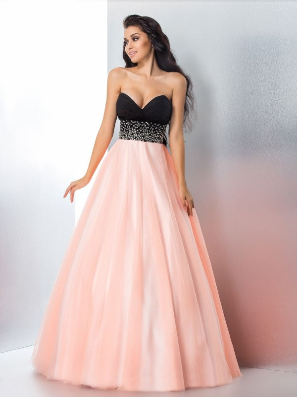 Ball Gown Sweetheart Beading Sleeveless Long Satin Quinceanera Prom Dress-ballbellauk