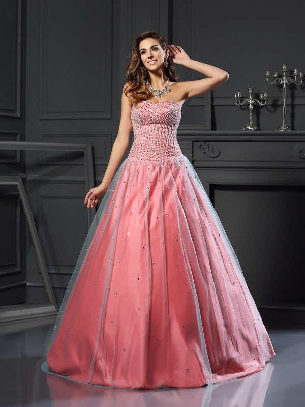 Ball Gown Sweetheart Beading Sleeveless Long Satin Quinceanera Prom Dress-ballbellauk