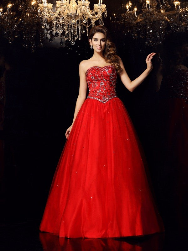 Ball Gown Sweetheart Beading Sleeveless Long Satin Quinceanera Prom Dress-ballbellauk