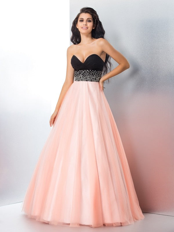 Ball Gown Sweetheart Beading Sleeveless Long Satin Quinceanera Prom Dress-ballbellauk