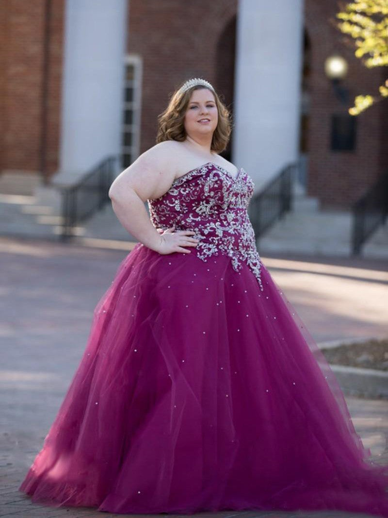 Ball Gown Sweetheart Beading Sleeveless Long Tulle Plus Size Prom Dress-ballbellauk