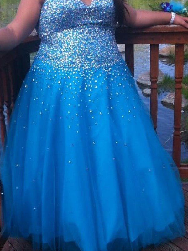 Ball Gown Sweetheart Beading Sleeveless Long Tulle Plus Size Prom Dress-ballbellauk