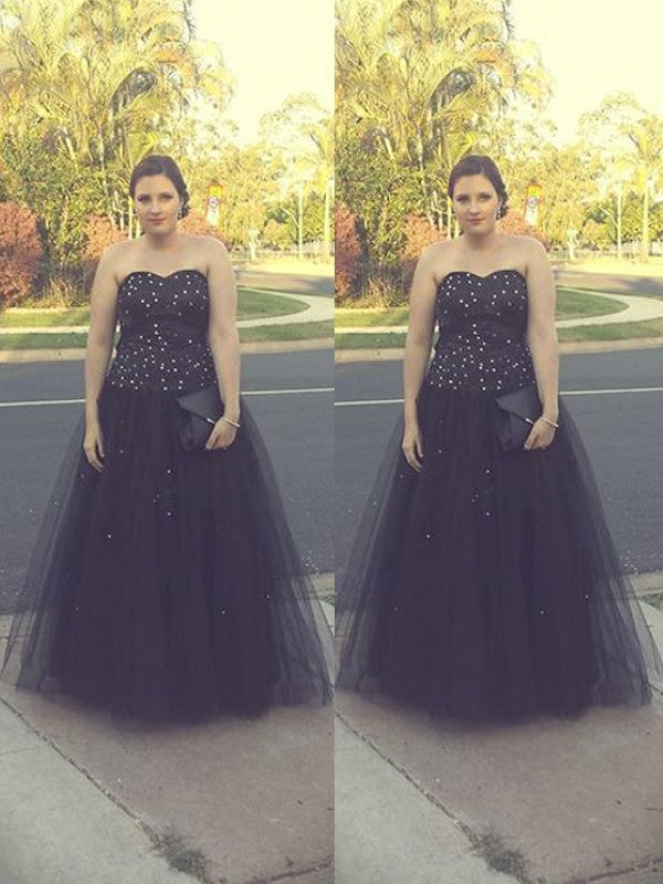 Ball Gown Sweetheart Beading Sleeveless Long Tulle Plus Size Prom Dress-ballbellauk