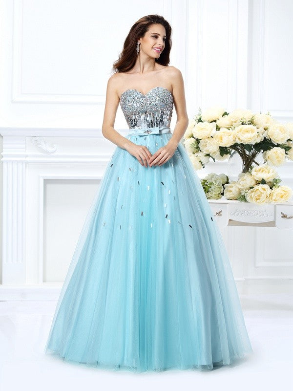 Ball Gown Sweetheart Beading Sleeveless Paillette Long Satin Quinceanera Prom Dress-ballbellauk