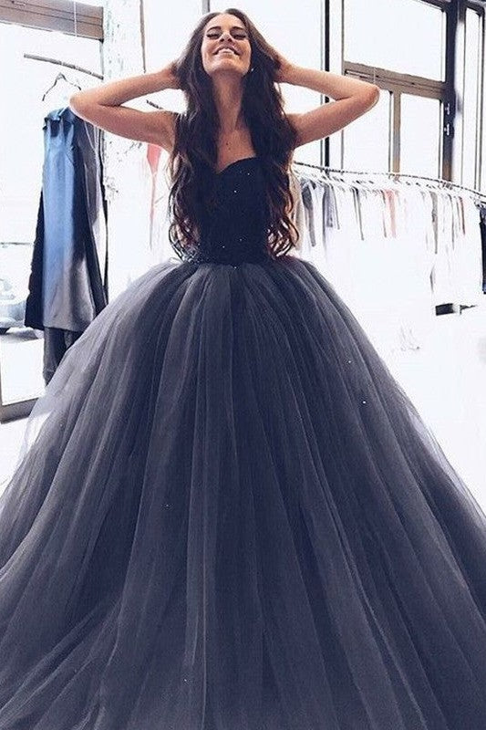 Ball Gown Sweetheart Floor Length Sleeveless Beading Tulle Prom Dress online-ballbellauk