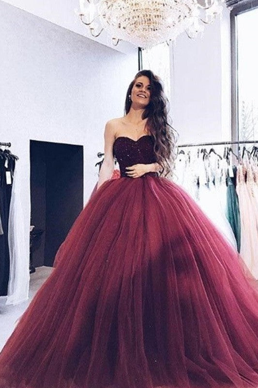 Ball Gown Sweetheart Floor Length Sleeveless Beading Tulle Prom Dress online-ballbellauk