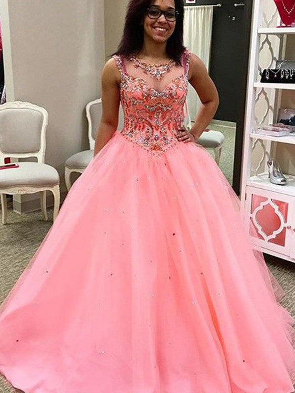 Ball Gown Sweetheart Sleeveless Tulle Beading Long Prom Dress-ballbellauk