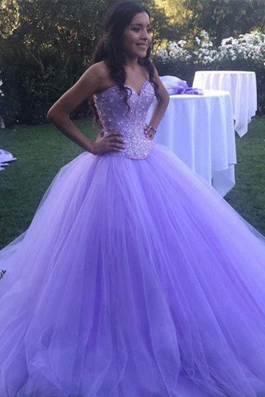 Ball Gown Tulle Beading Sweetheart Sleeveless Prom Dress-ballbellauk