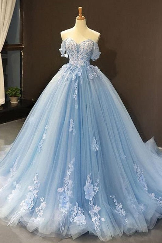 Ball Gown Tulle Off-the-Shoulder Sleeveless With Appliques Prom Dress-ballbellauk