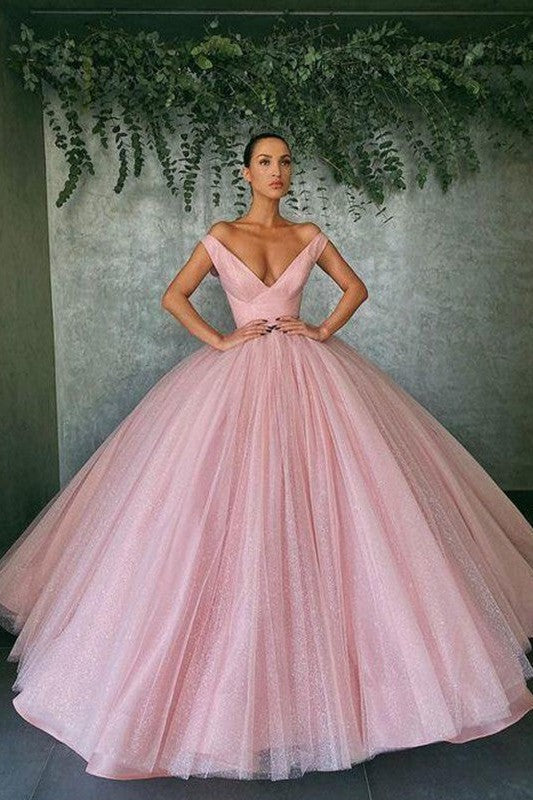 Ball Gown Tulle Ruffles Off-the-Shoulder Sleeveless Long Prom Dress-ballbellauk