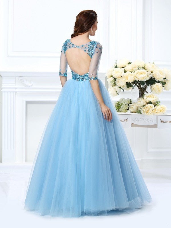 Ball Gown V-neck Beading Half Sleeves Long Satin Quinceanera Prom Dress-ballbellauk