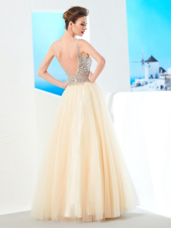 Ball Gown V-neck Beading Sleeveless Long Tulle Prom Dress-ballbellauk